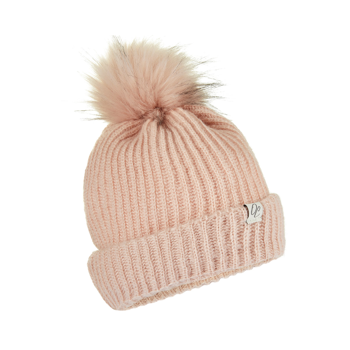 Only Curls Satin Lined Pink Knitted Beanie Hat with pom pom flatlay